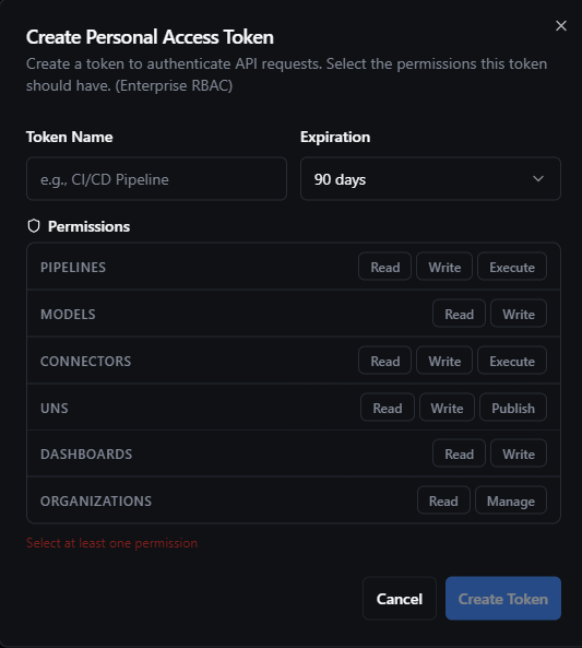 Create Token dialog with name, expiration, and permission scope selection
