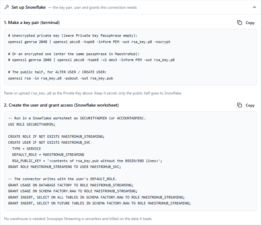 Set up Snowflake panel with the key-pair commands and the SQL
