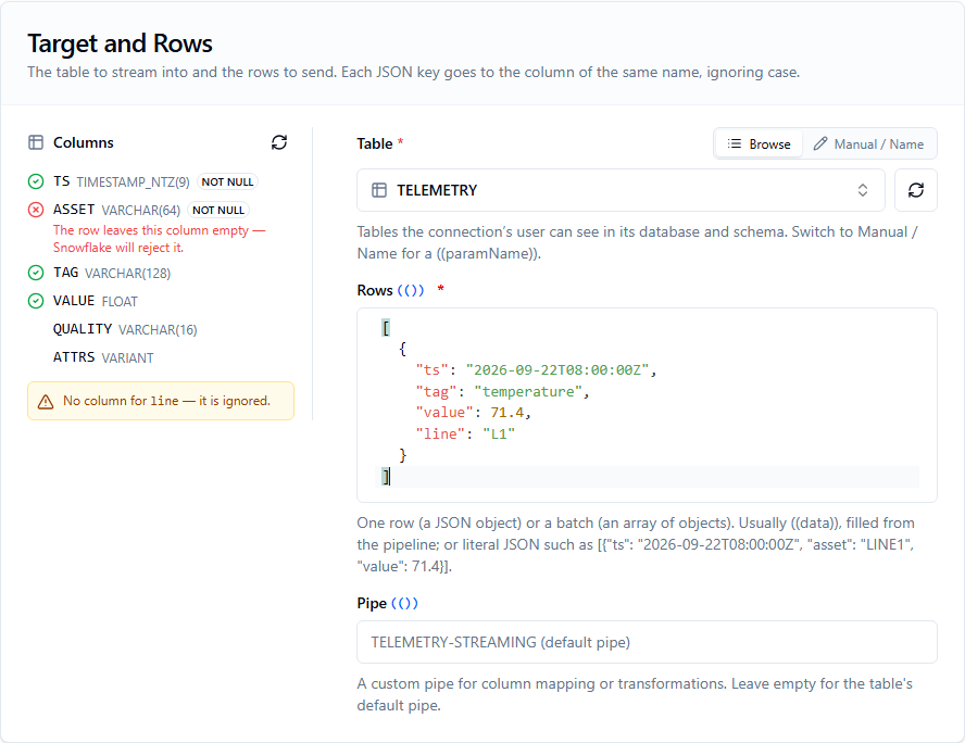 Stream Rows function form with the table picker and the column preview