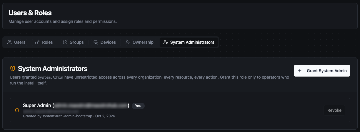 System Administrators tab listing one administrator with a You badge, who granted the role and when, a greyed-out Revoke button, and the Grant System.Admin button
