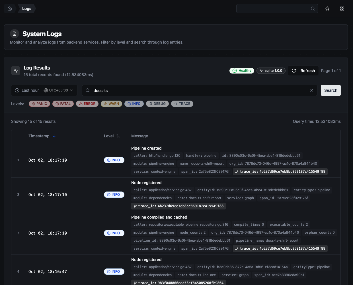System Logs interface with search, level filters, and log results