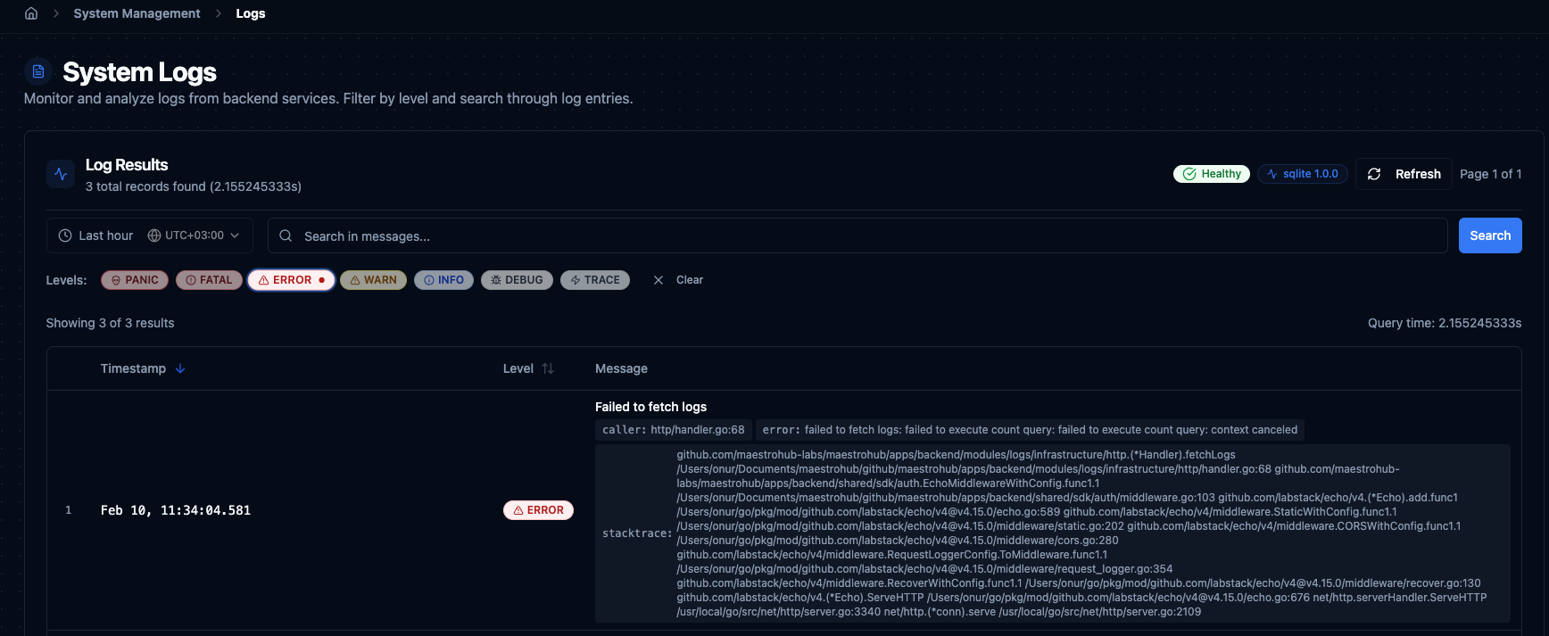 System Logs interface with search, level filters, and log results