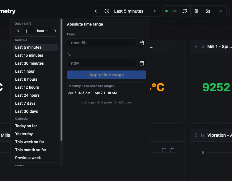 Time range selector with Quick shift at the top, Relative ranges on the left, and an Absolute time range picker with From/To fields and recently used ranges on the right