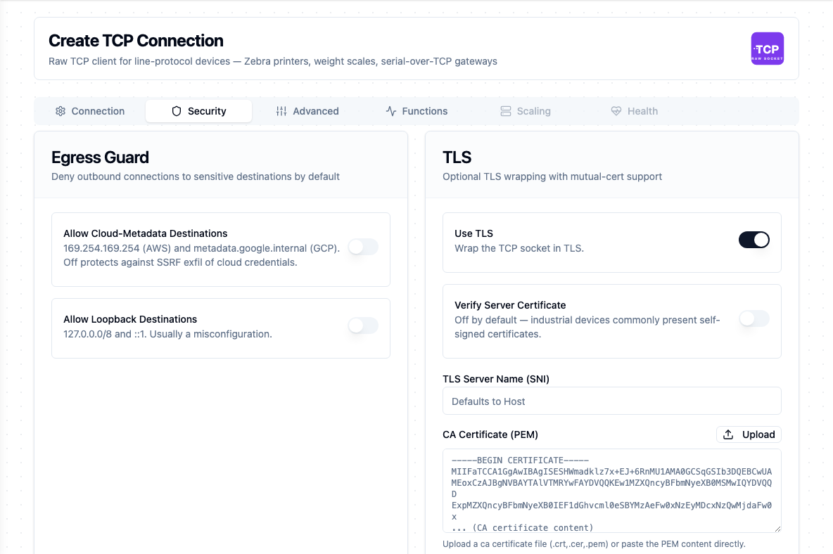 TCP TLS settings