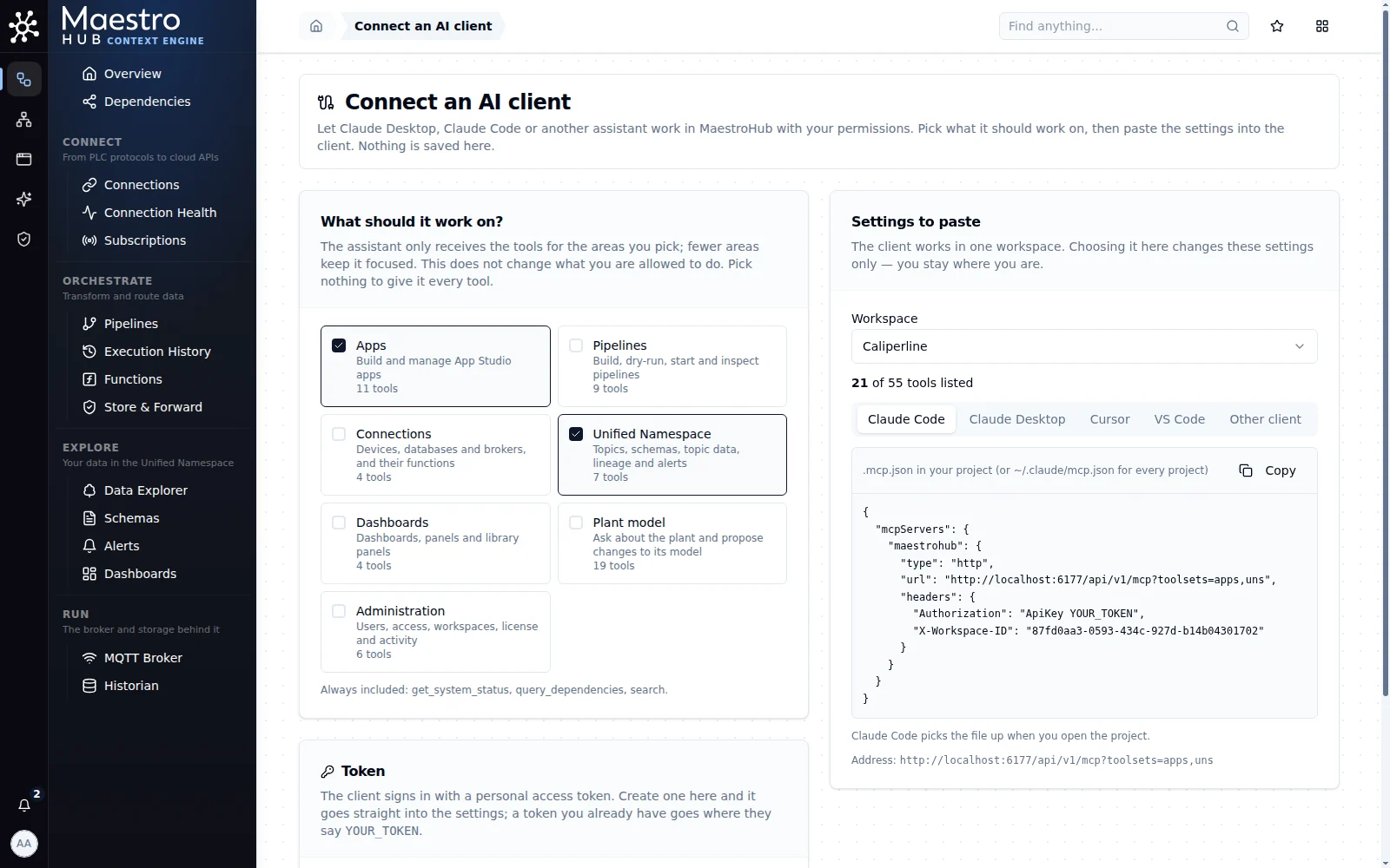 Connect an AI client page with Apps and Unified Namespace picked, 21 of 55 tools listed, and the Claude Code settings