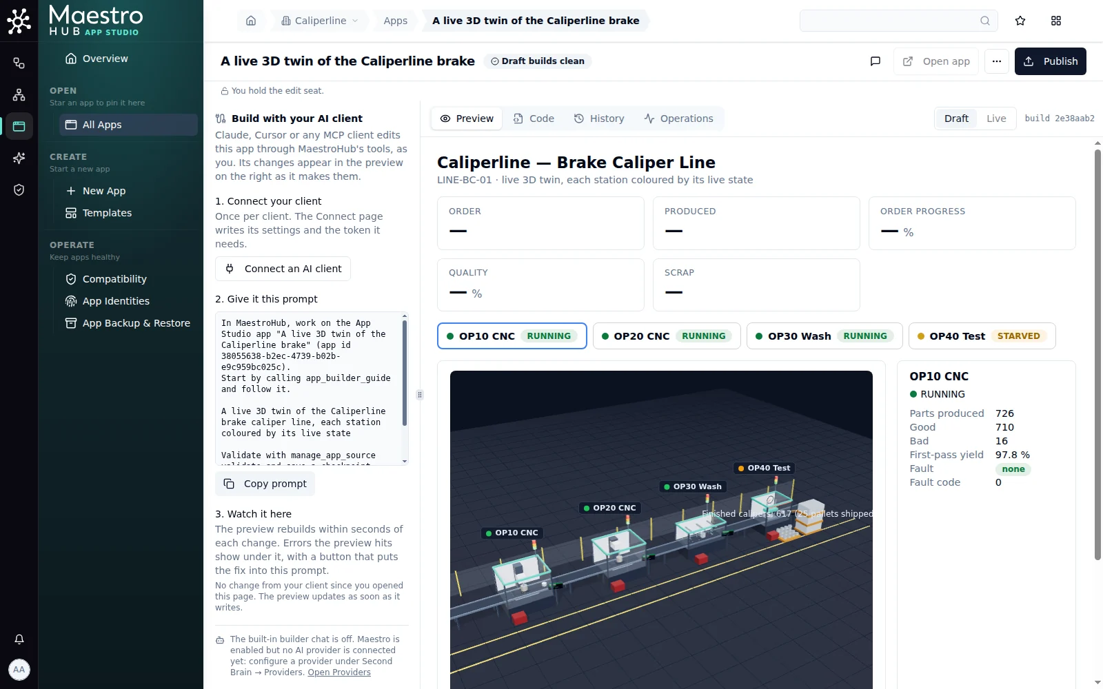 First version: order cards with dashes, station chips, the 3D line below them, and the OP10 station panel