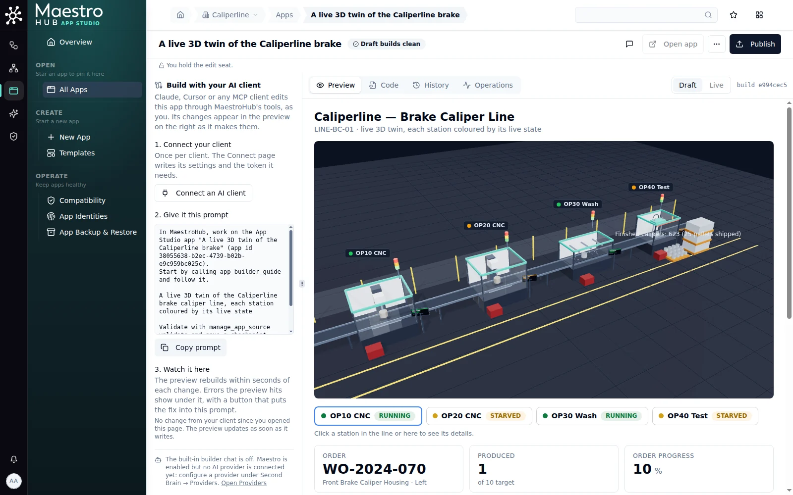 Second version: the 3D line full width at the top, station chips under it, the order cards filled in right after a reload