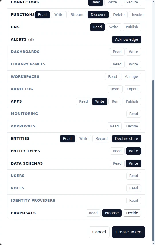 Token dialog with Proposals Propose selected and Decide turned off, UNS Write and Publish off