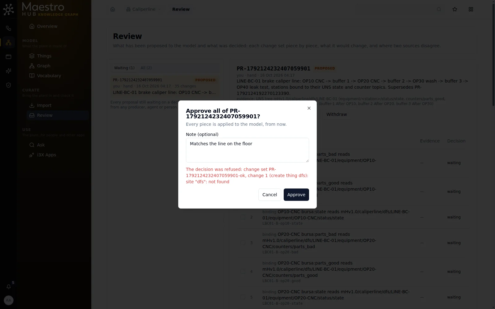 Approve all dialog showing the refusal: change 1 (create thing dfs): site dfs not found