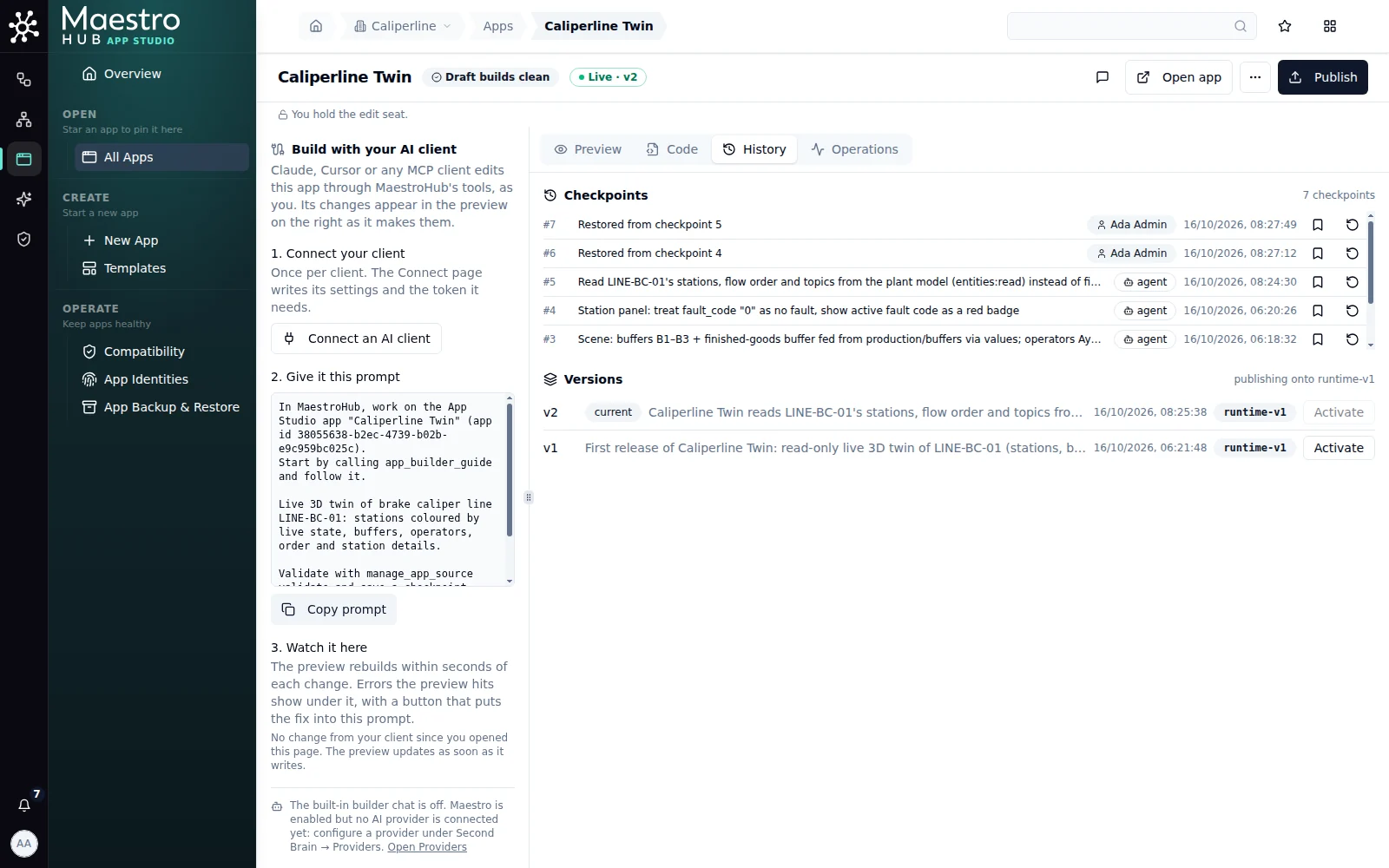 History: checkpoints 1 to 5 marked agent, 6 and 7 restores by Ada Admin, versions v1 and v2 with v2 current