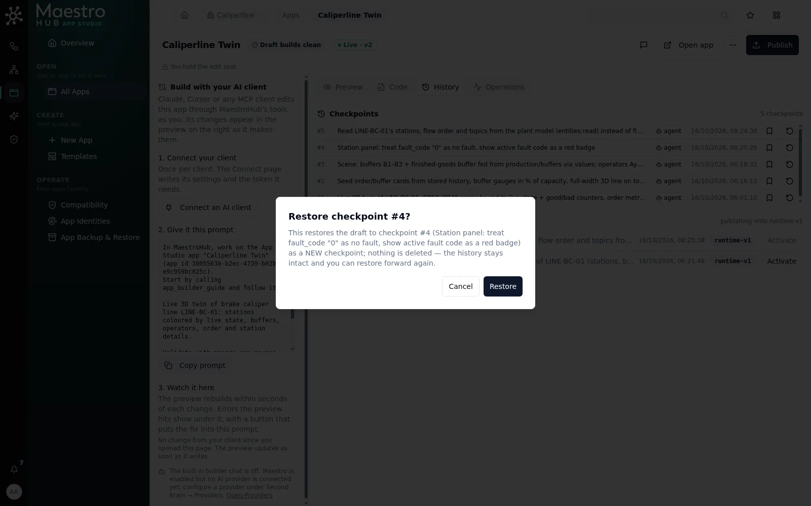 Restore checkpoint 4 dialog: restores the draft as a new checkpoint, nothing is deleted, the history stays intact