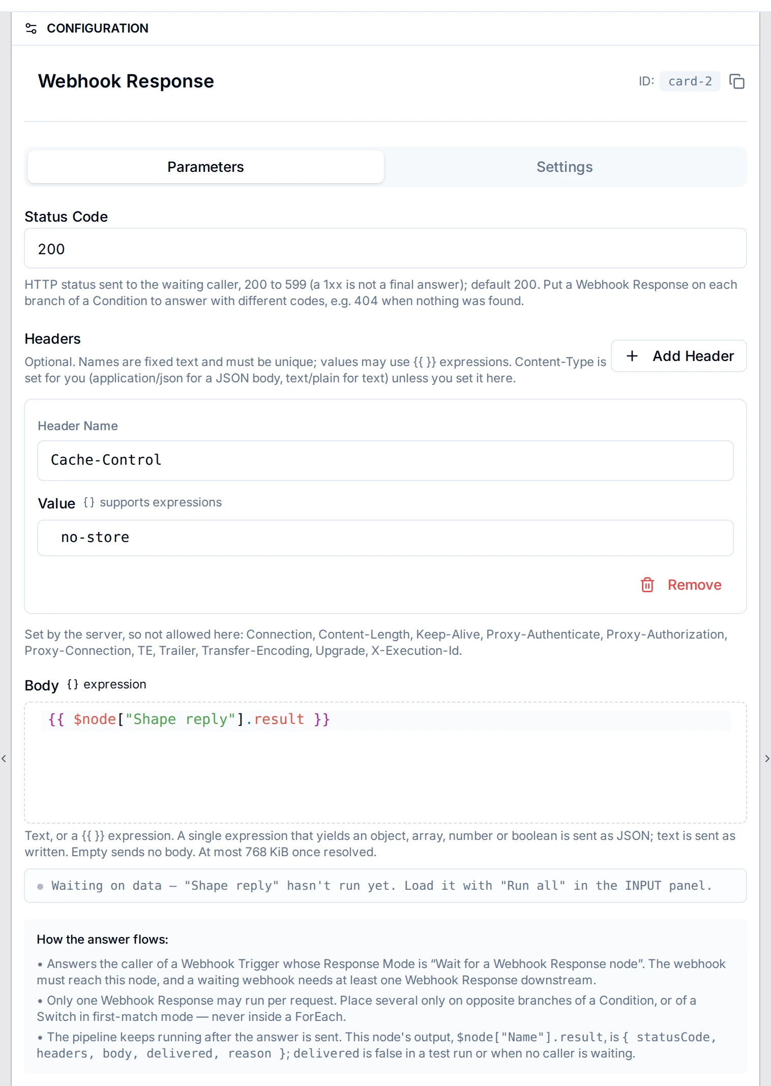 Webhook Response configuration: status code, headers and body