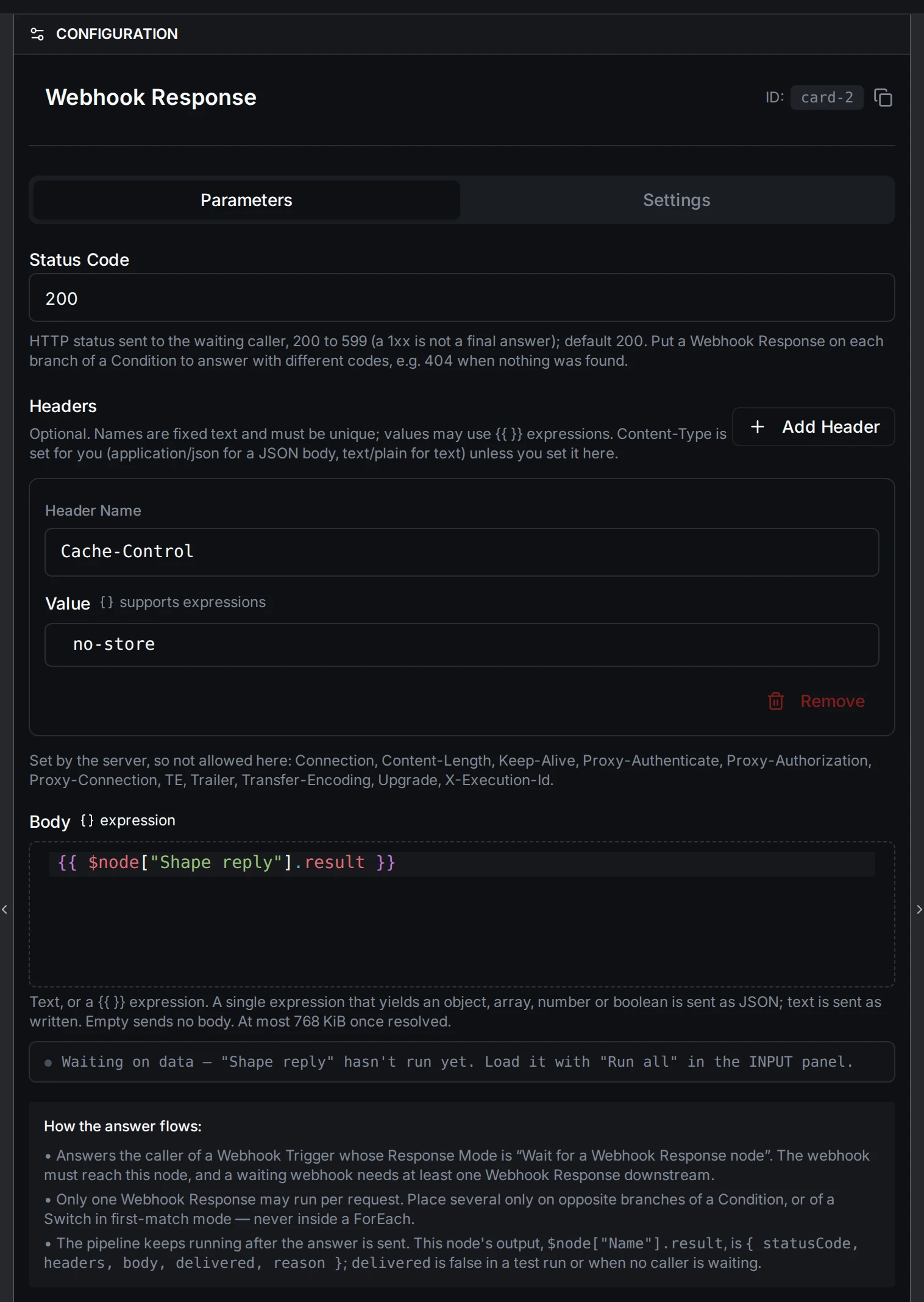 Webhook Response configuration: status code, headers and body