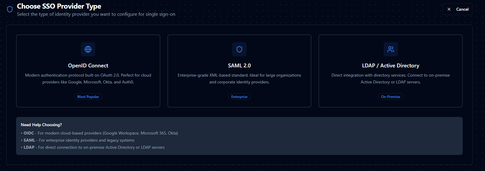 SSO provider types: OpenID Connect, SAML 2.0, and LDAP/Active Directory