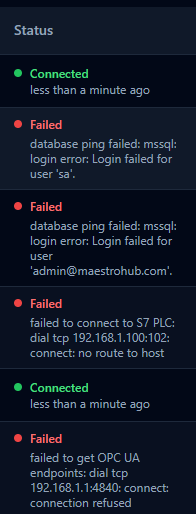 Connection status list displaying connected and failed states