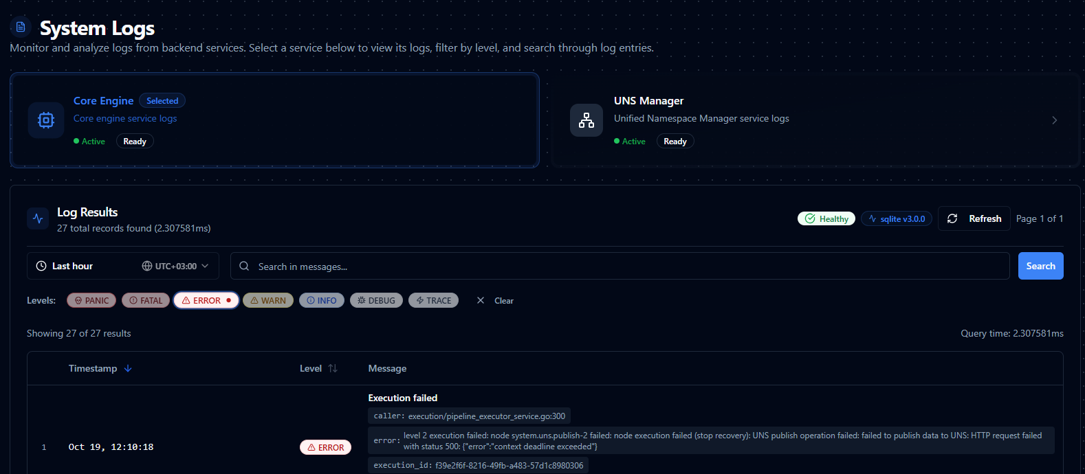 System Logs overview interface