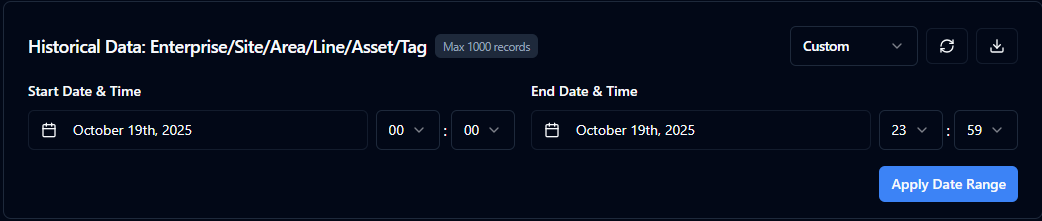 Historical data custom range form with date and time fields