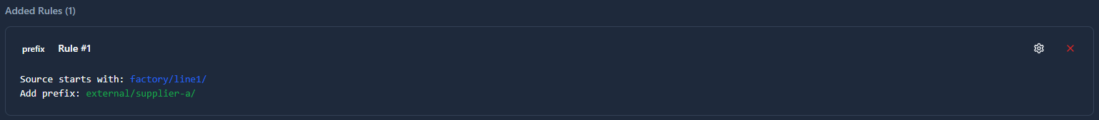Prefix mapping rule card showing source pattern and prefix