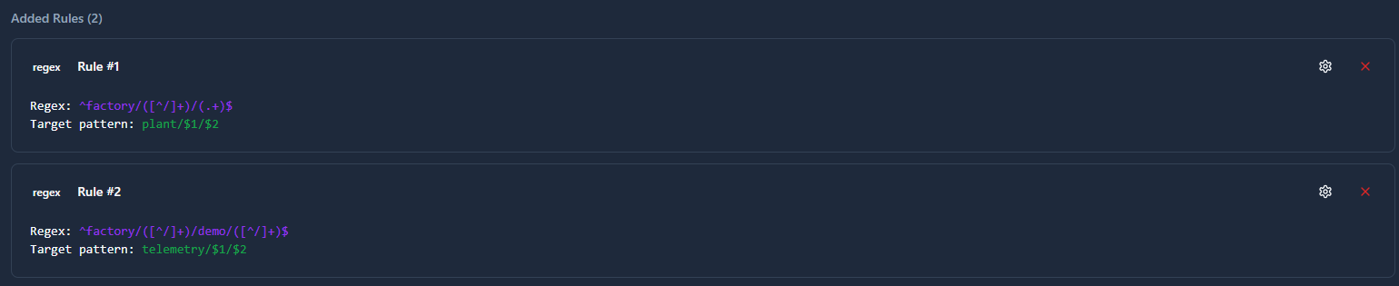 Regex mapping rule cards with pattern and target templates