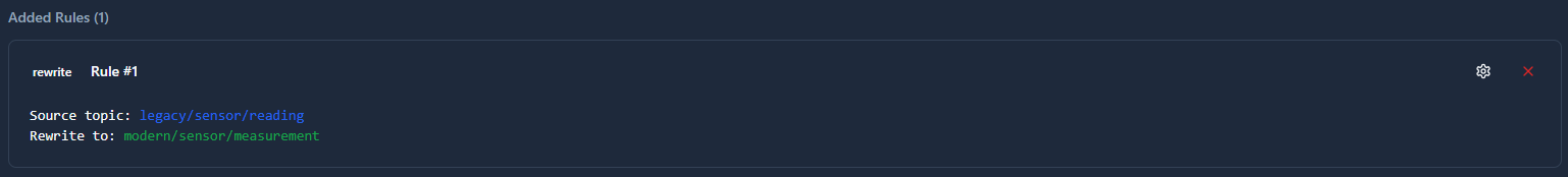 Rewrite mapping rule card showing source and rewritten topics